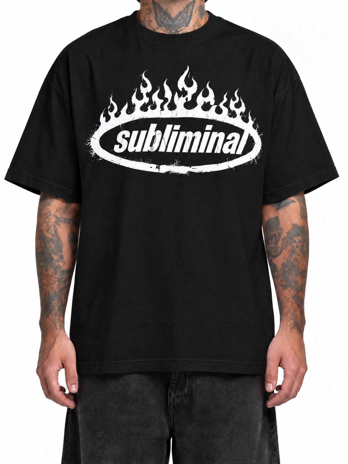 Black — SUBLIMINAL Tee, close-up of the white flame graphic, collar, stitching and black cotton texture