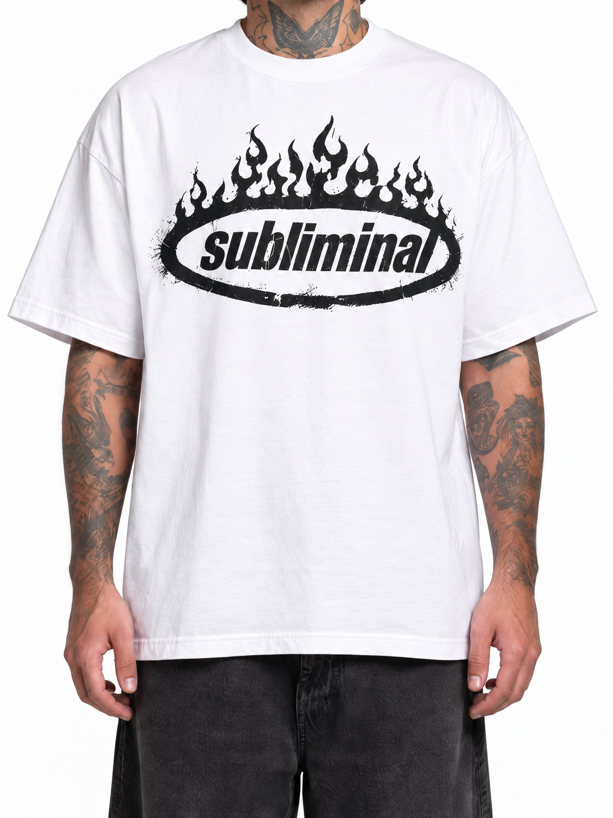 White — SUBLIMINAL Tee, close-up of the black flame graphic, collar, stitching and cotton texture