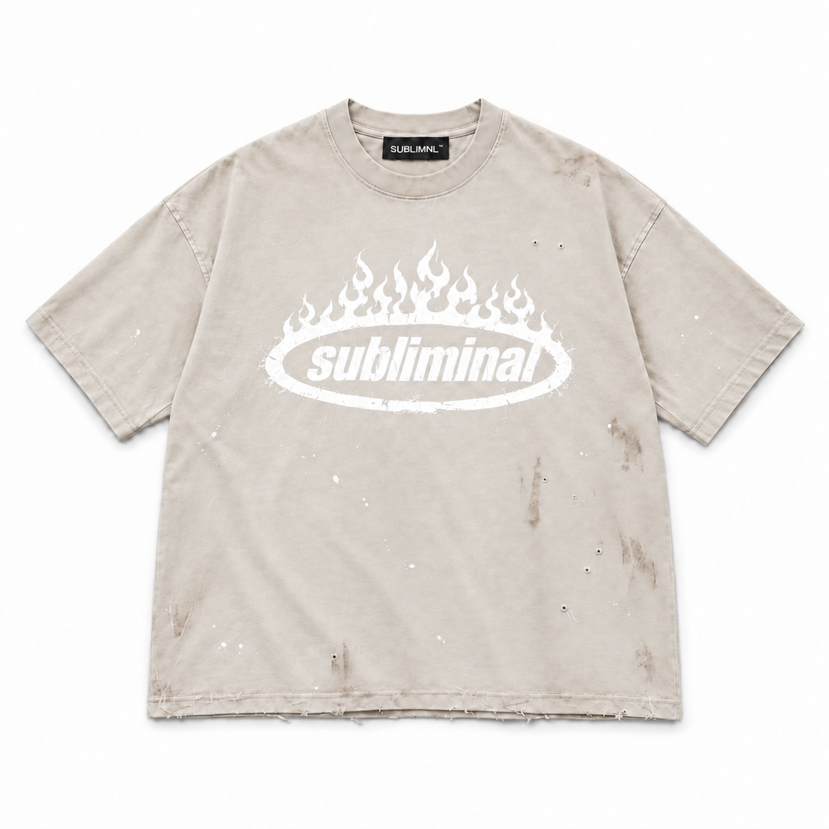 Tan / White Print — SUBLIMINAL Distressed Tee, front view