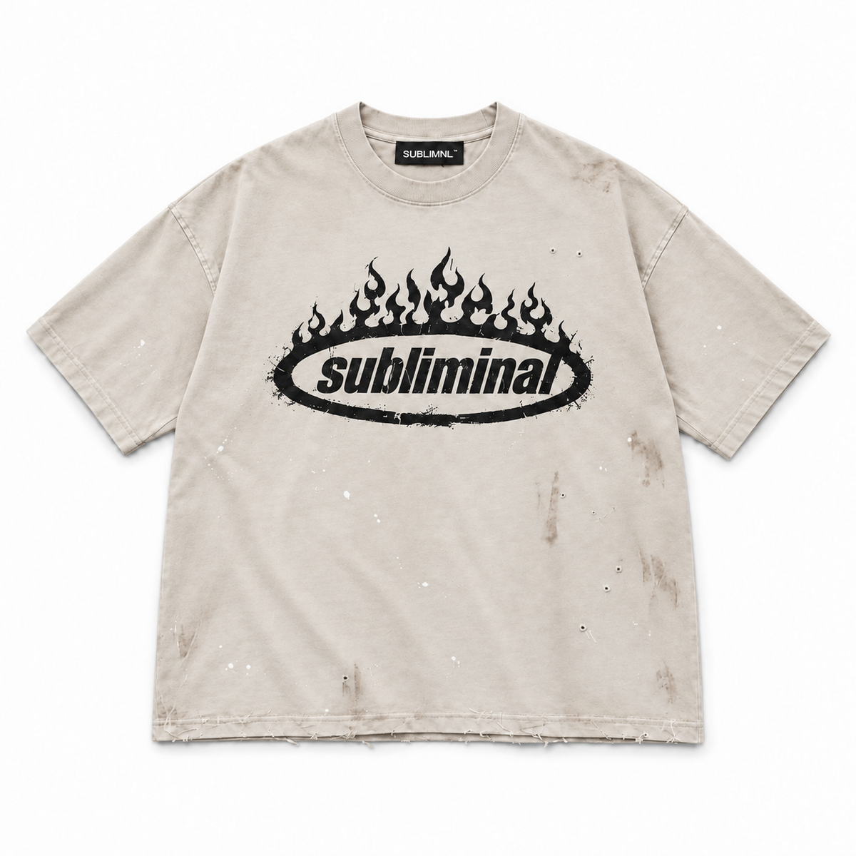 Tan / Black Print — SUBLIMINAL Distressed Tee, front view