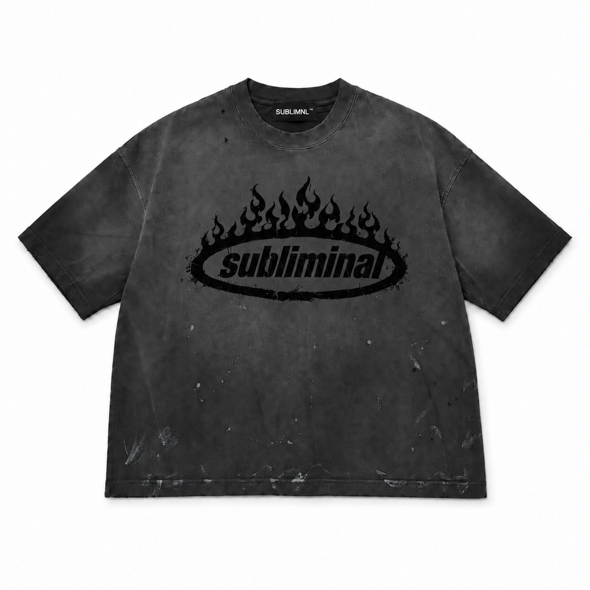Black Logo — Distressed Tee — Black, centered black logo front view with SUBLIMNL neck tag