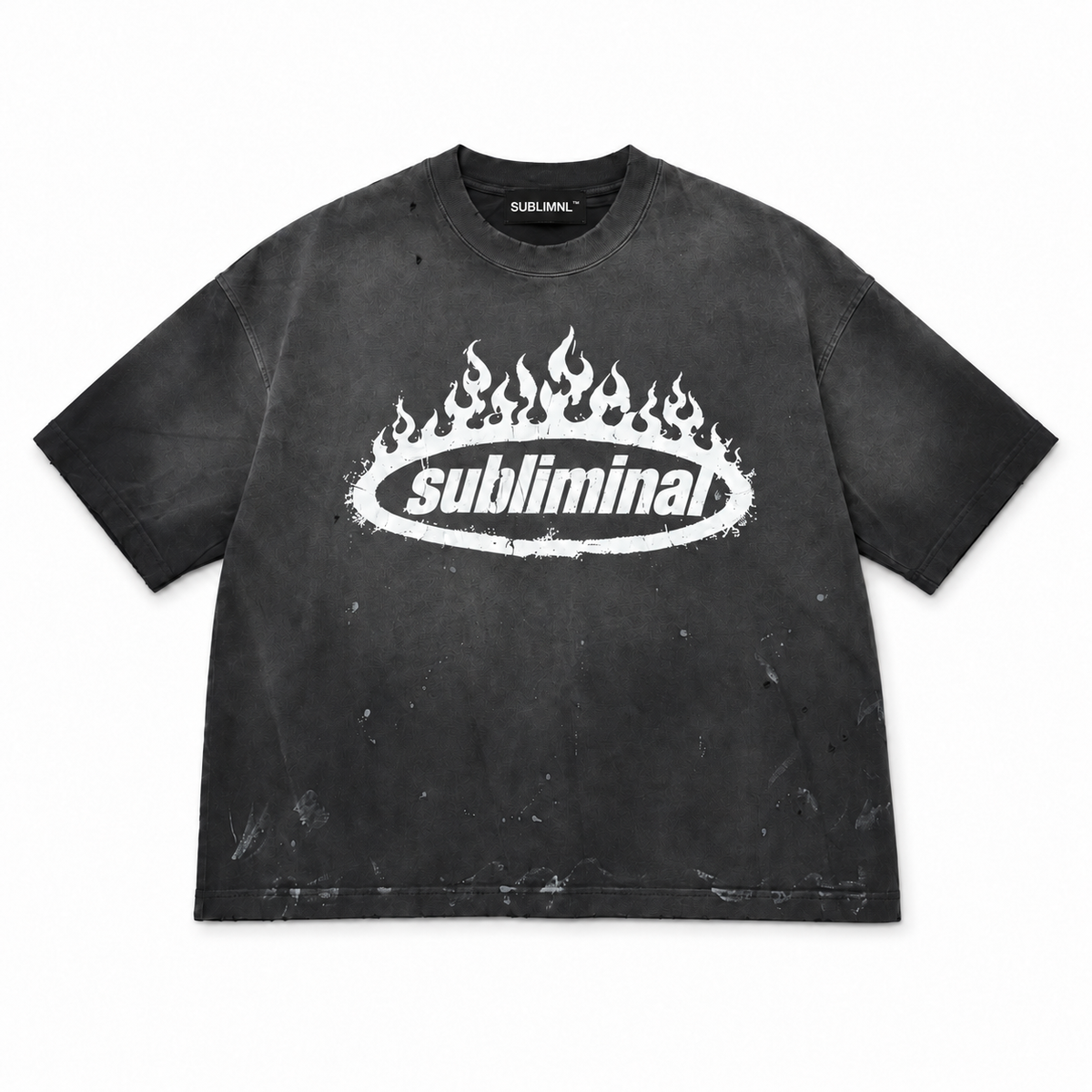 White Logo — Distressed Tee — Black, centered white logo front view with SUBLIMNL neck tag